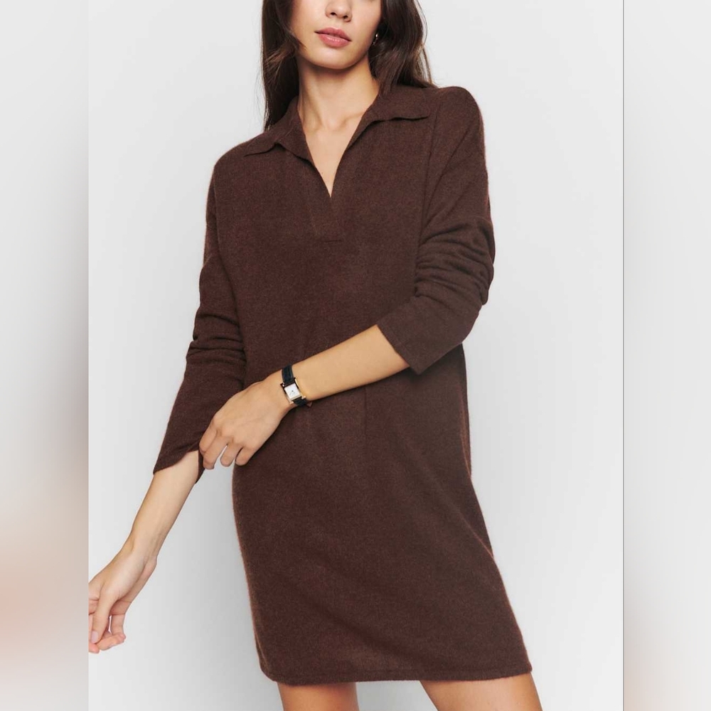 Reformation Doreen 100% Cashmere Polo Sweater Dress Brown Collar Small S - Picture 4 of 10